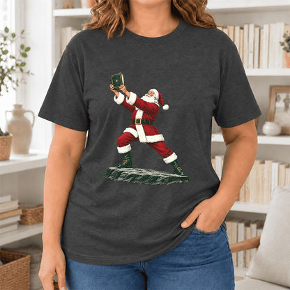 Santa Claus Holding Up A Green Book Ultra-Soft Cotton T-Shirt | Christmas Gift Dark Grey Heather