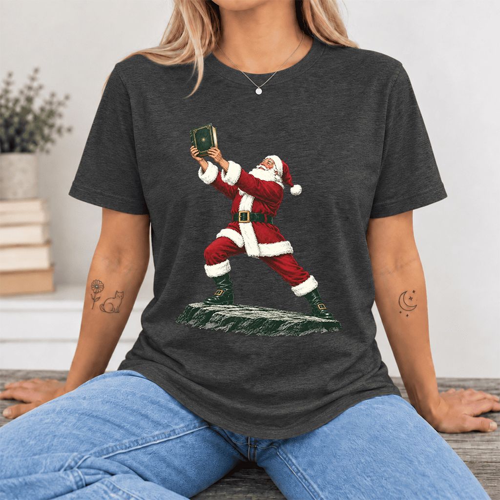 Santa Claus Holding Up A Green Book Ultra-Soft Cotton T-Shirt | Christmas Gift Dark Grey Heather