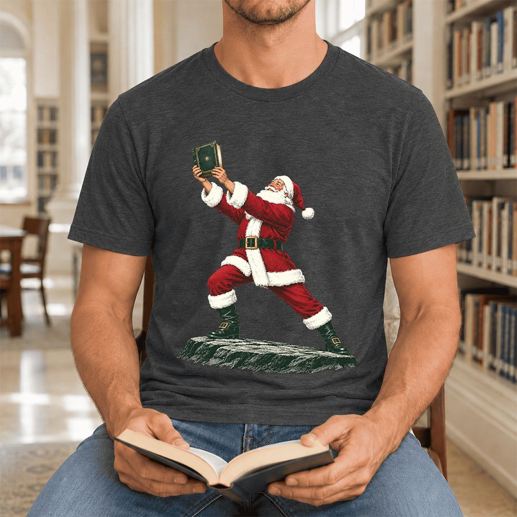 Santa Claus Holding Up A Green Book Ultra-Soft Cotton T-Shirt | Christmas Gift Dark Grey Heather
