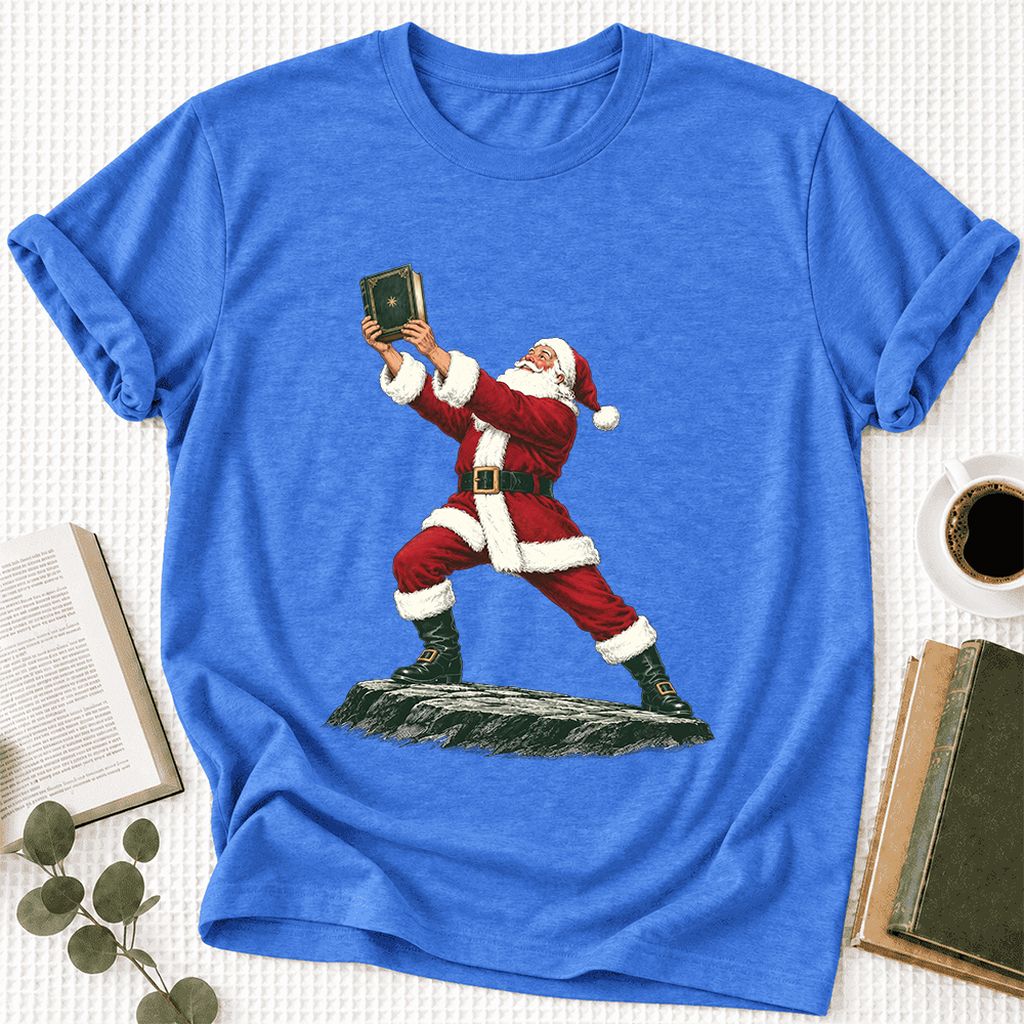 Santa Claus Holding Up A Green Book Ultra-Soft Cotton T-Shirt | Christmas Gift Heather True Royal