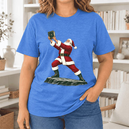 Santa Claus Holding Up A Green Book Ultra-Soft Cotton T-Shirt | Christmas Gift Heather True Royal