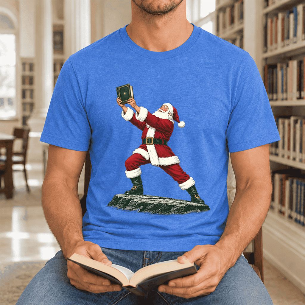 Santa Claus Holding Up A Green Book Ultra-Soft Cotton T-Shirt | Christmas Gift Heather True Royal