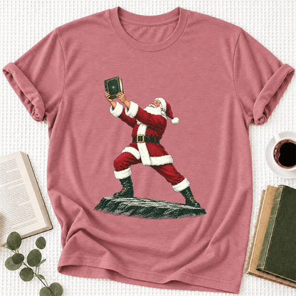 Santa Claus Holding Up A Green Book Ultra-Soft Cotton T-Shirt | Christmas Gift Mauve