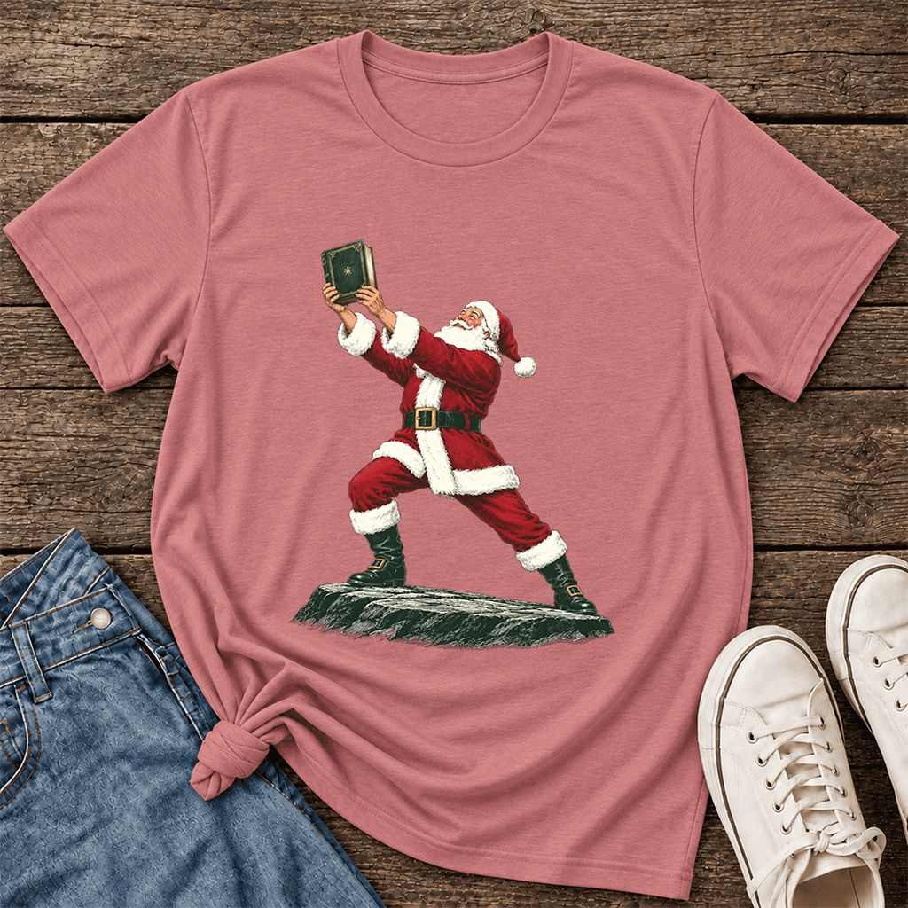 Santa Claus Holding Up A Green Book Ultra-Soft Cotton T-Shirt | Christmas Gift Mauve