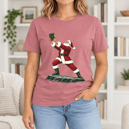 Santa Claus Holding Up A Green Book Ultra-Soft Cotton T-Shirt | Christmas Gift Mauve