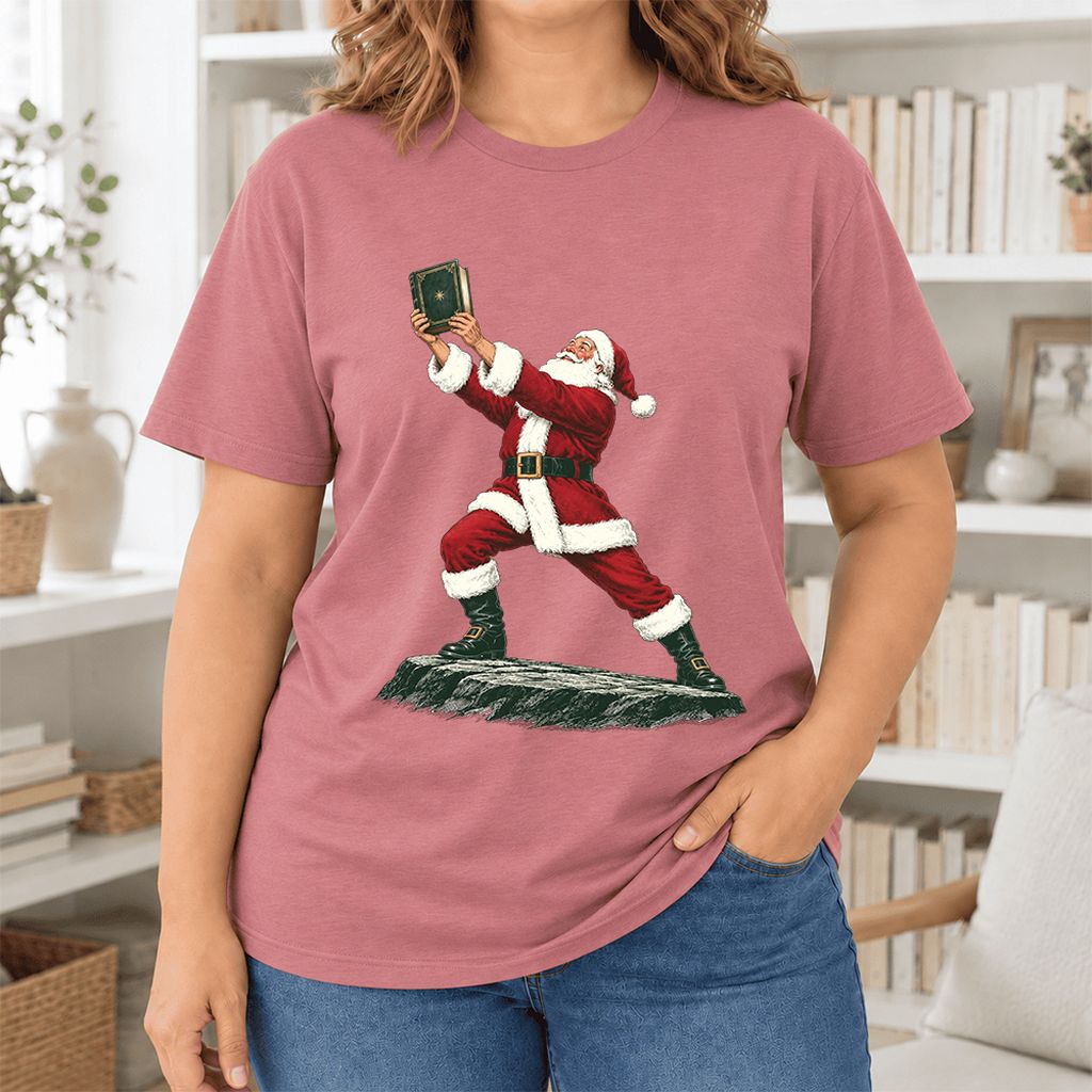 Santa Claus Holding Up A Green Book Ultra-Soft Cotton T-Shirt | Christmas Gift Mauve