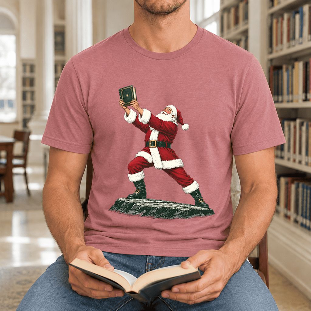 Santa Claus Holding Up A Green Book Ultra-Soft Cotton T-Shirt | Christmas Gift Mauve
