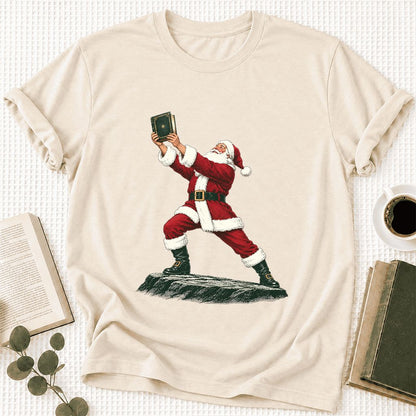 Santa Claus Holding Up A Green Book Ultra-Soft Cotton T-Shirt | Christmas Gift Natural