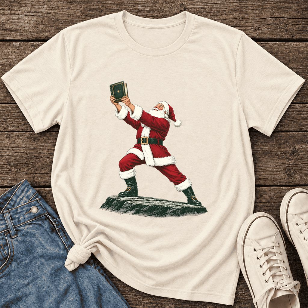 Santa Claus Holding Up A Green Book Ultra-Soft Cotton T-Shirt | Christmas Gift Natural