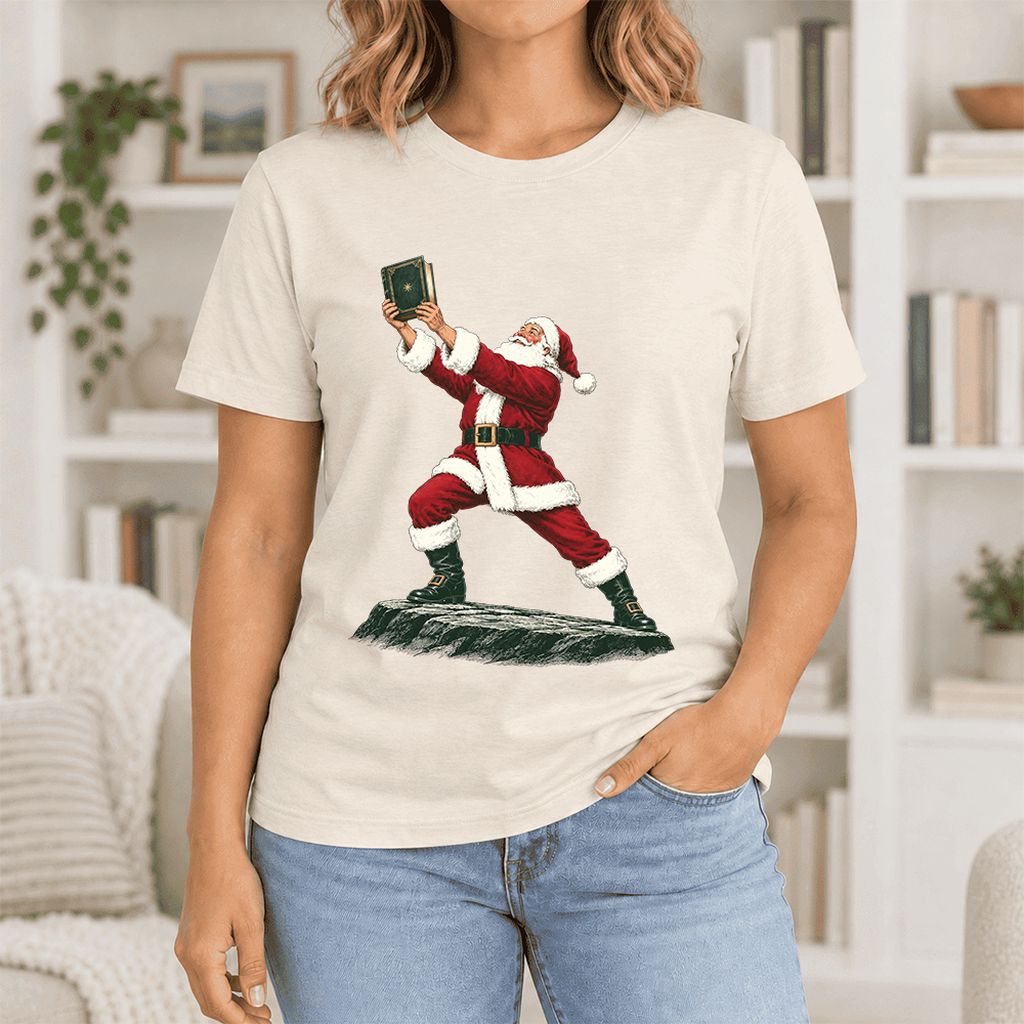 Santa Claus Holding Up A Green Book Ultra-Soft Cotton T-Shirt | Christmas Gift Natural