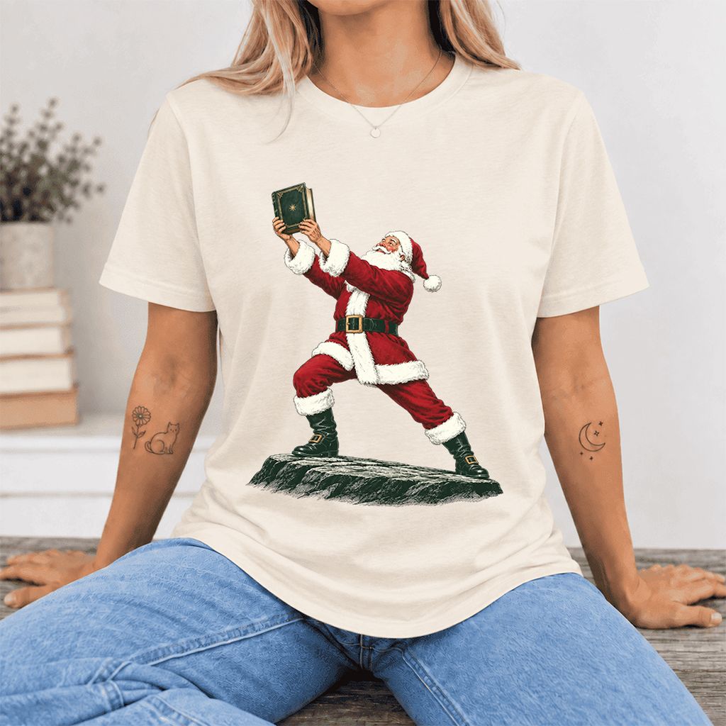 Santa Claus Holding Up A Green Book Ultra-Soft Cotton T-Shirt | Christmas Gift Natural