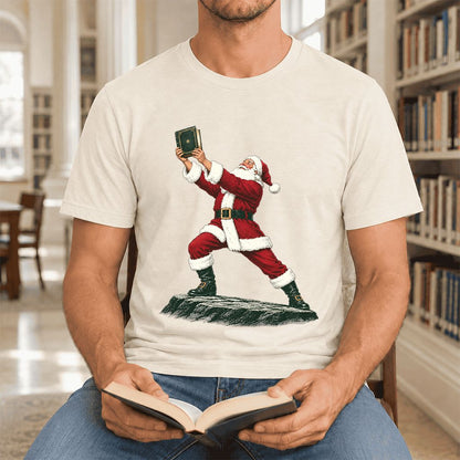 Santa Claus Holding Up A Green Book Ultra-Soft Cotton T-Shirt | Christmas Gift Natural