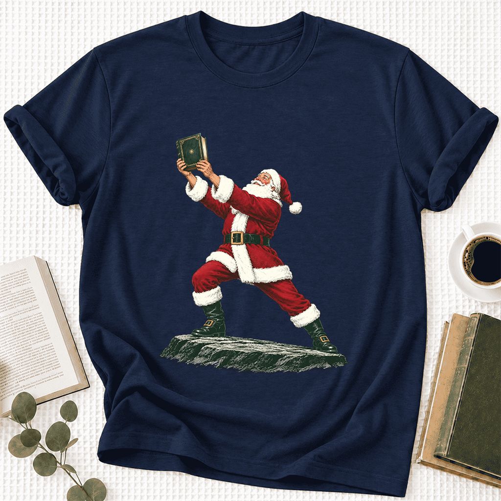Santa Claus Holding Up A Green Book Ultra-Soft Cotton T-Shirt | Christmas Gift Navy