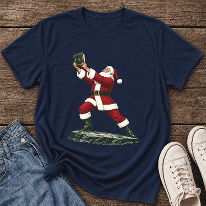 Santa Claus Holding Up A Green Book Ultra-Soft Cotton T-Shirt | Christmas Gift Navy