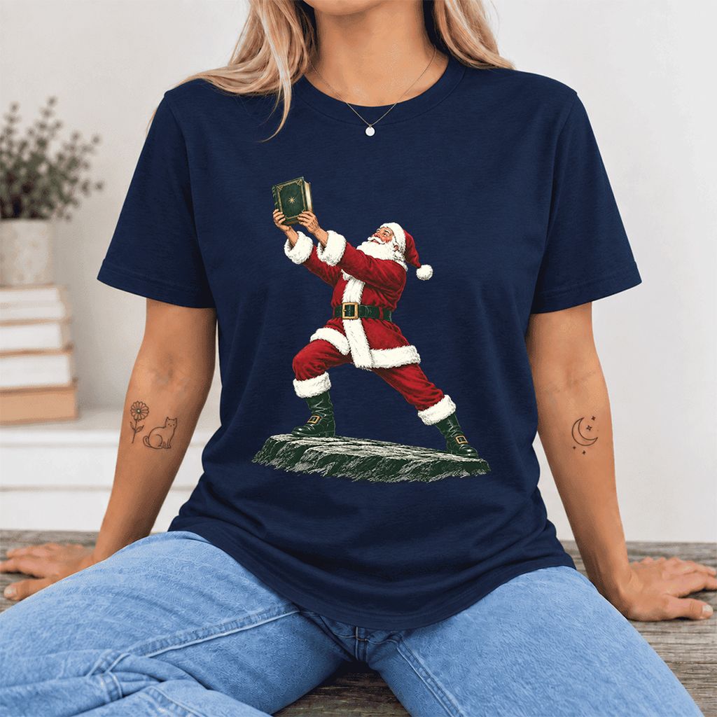 Santa Claus Holding Up A Green Book Ultra-Soft Cotton T-Shirt | Christmas Gift Navy