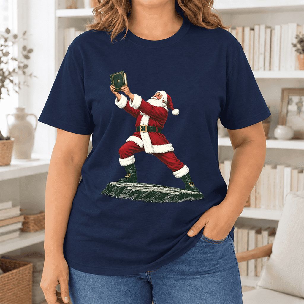 Santa Claus Holding Up A Green Book Ultra-Soft Cotton T-Shirt | Christmas Gift Navy