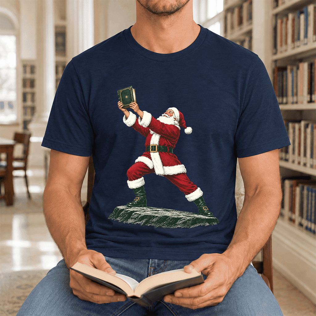 Santa Claus Holding Up A Green Book Ultra-Soft Cotton T-Shirt | Christmas Gift Navy