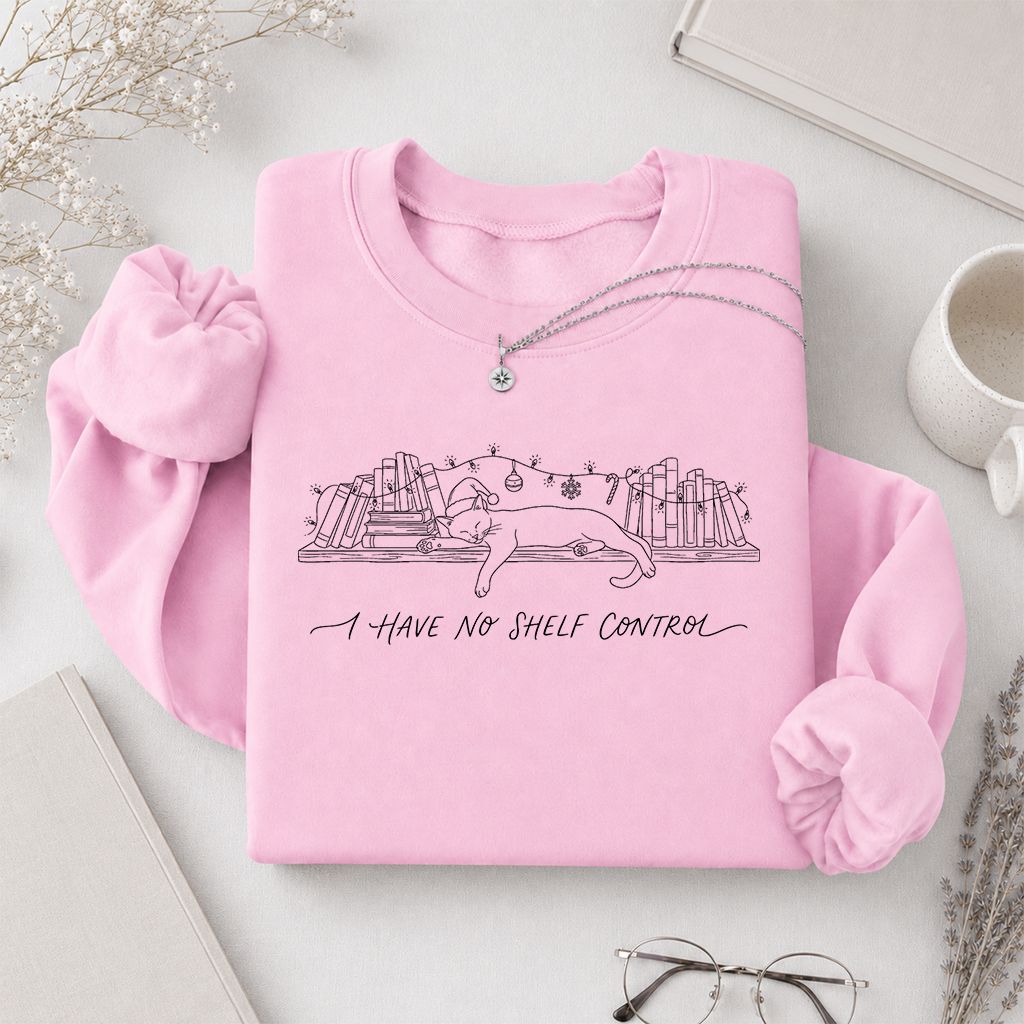 I Have No Shelf Control Printed Sweatshirt | Christmas Book Lover Gift Light Pink