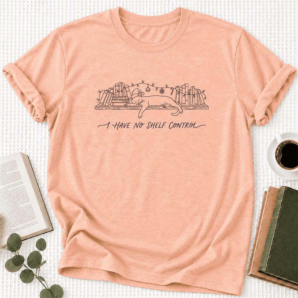I Have No Shelf Control Ultra-Soft Cotton T-Shirt | Christmas Book Lover Gift Heather Peach