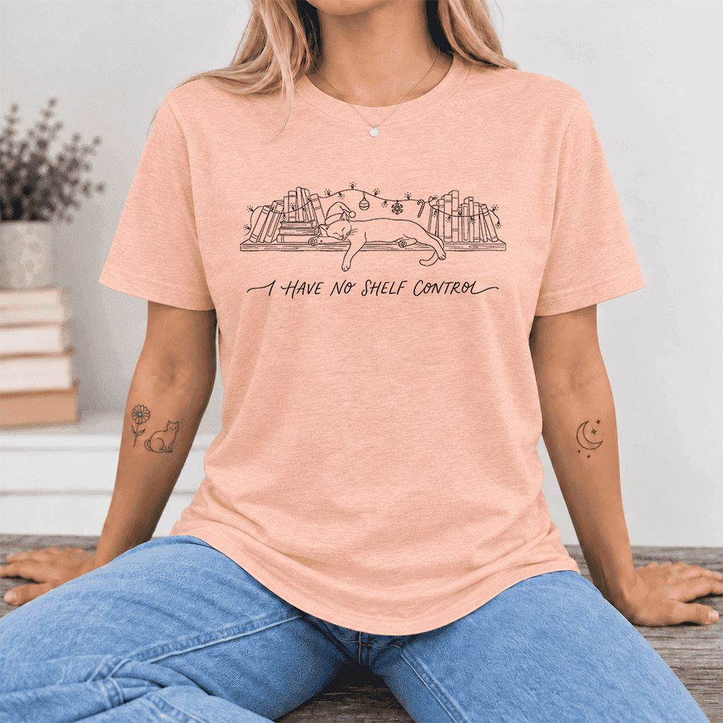 I Have No Shelf Control Ultra-Soft Cotton T-Shirt | Christmas Book Lover Gift Heather Peach