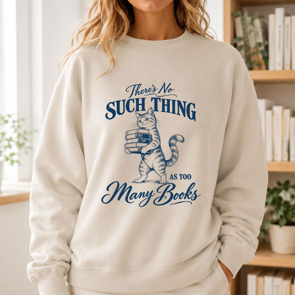 There's No Such Thing As Too Many Books Printed Sweatshirt | Cat Book Lover Gift Sand