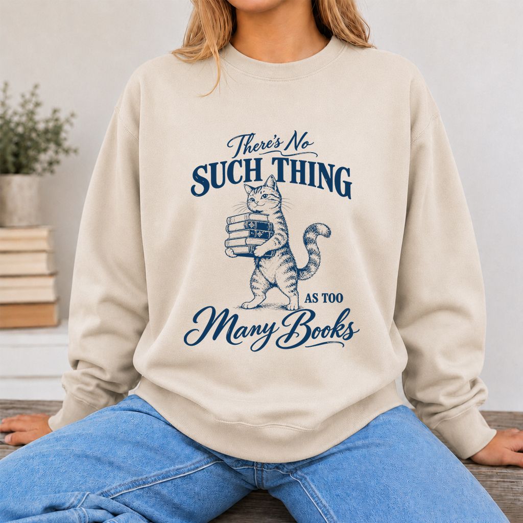 There's No Such Thing As Too Many Books Printed Sweatshirt | Cat Book Lover Gift Sand