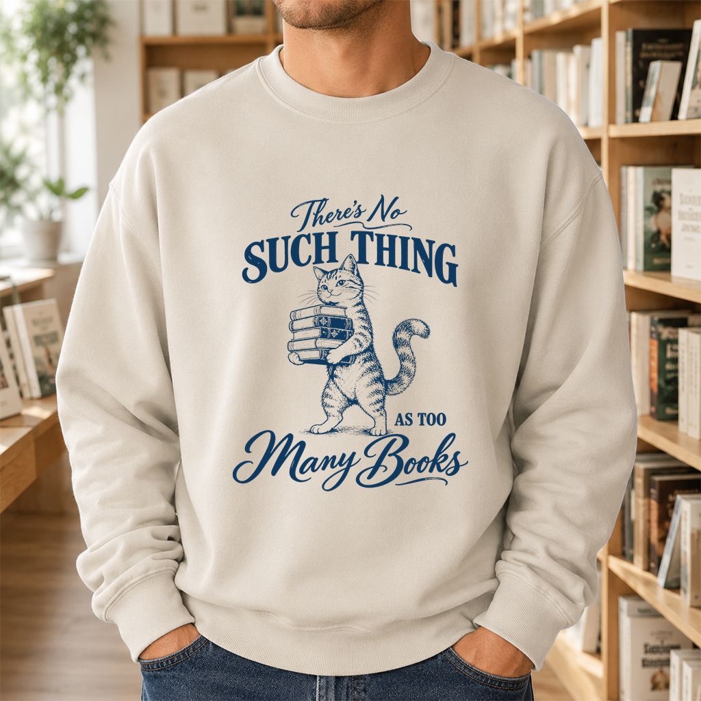 There's No Such Thing As Too Many Books Printed Sweatshirt | Cat Book Lover Gift Sand