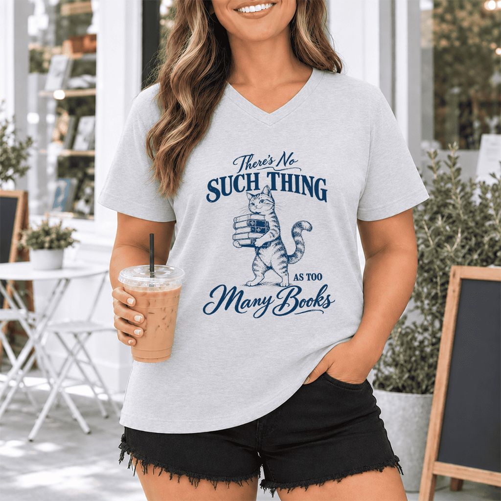 There's No Such Thing As Too Many Books Ultra-Soft V-Neck | Cat Reader Gift Ash