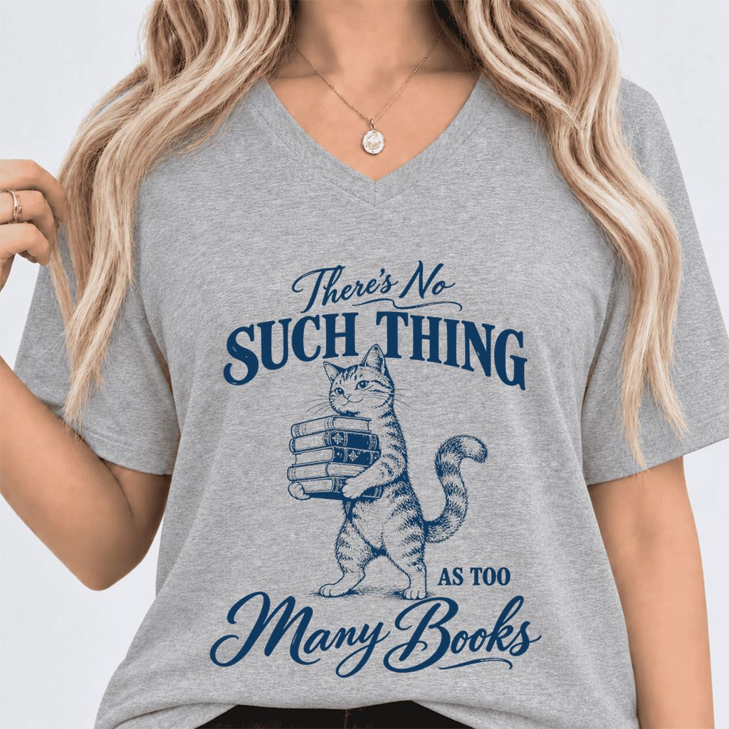 There's No Such Thing As Too Many Books Ultra-Soft V-Neck | Cat Reader Gift Athletic Heather