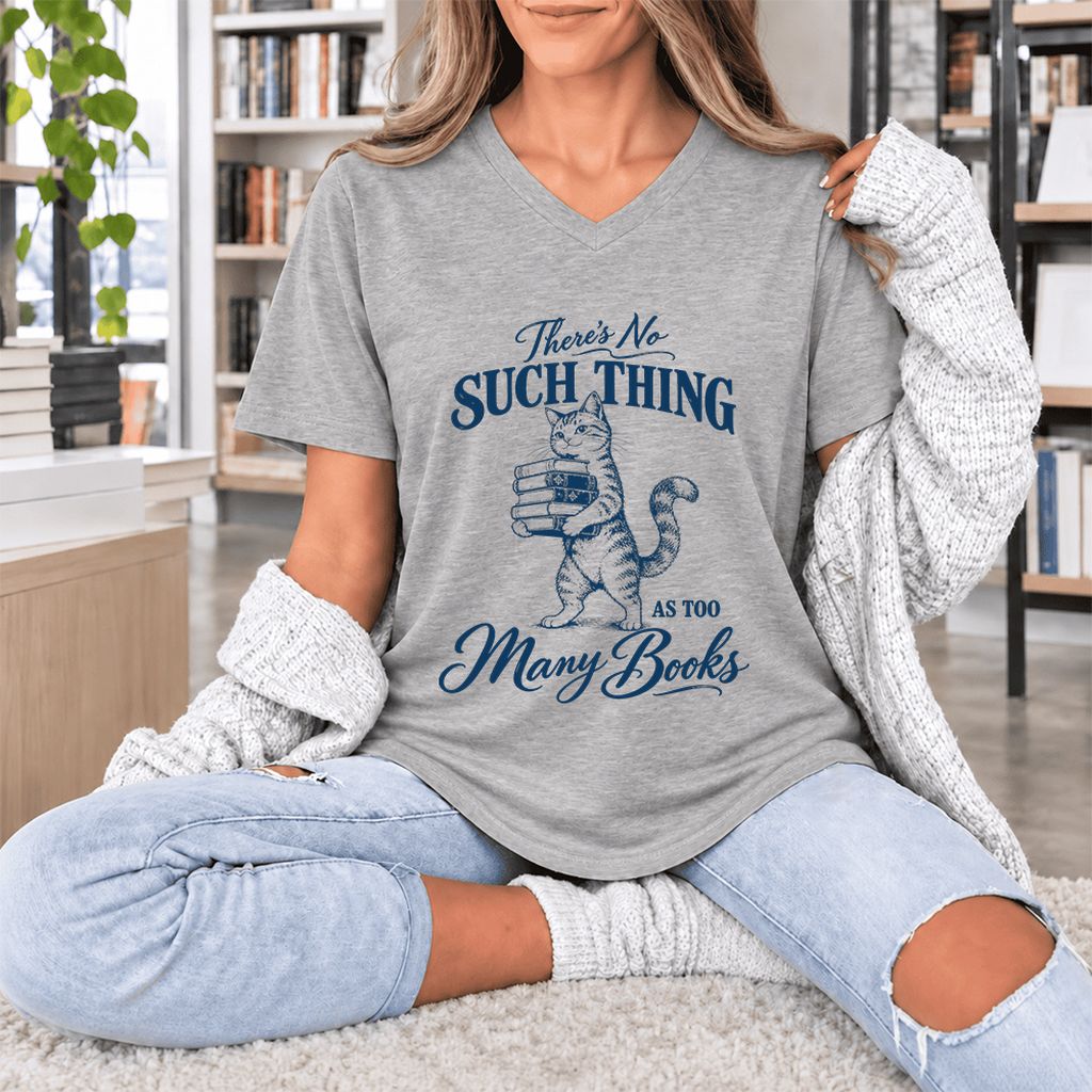 There's No Such Thing As Too Many Books Ultra-Soft V-Neck | Cat Reader Gift Athletic Heather