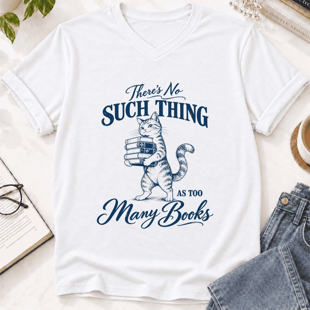 There's No Such Thing As Too Many Books Ultra-Soft V-Neck | Cat Reader Gift White