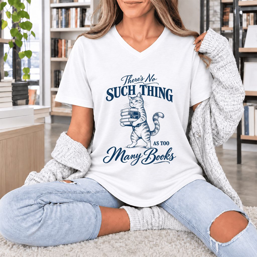 There's No Such Thing As Too Many Books Ultra-Soft V-Neck | Cat Reader Gift White