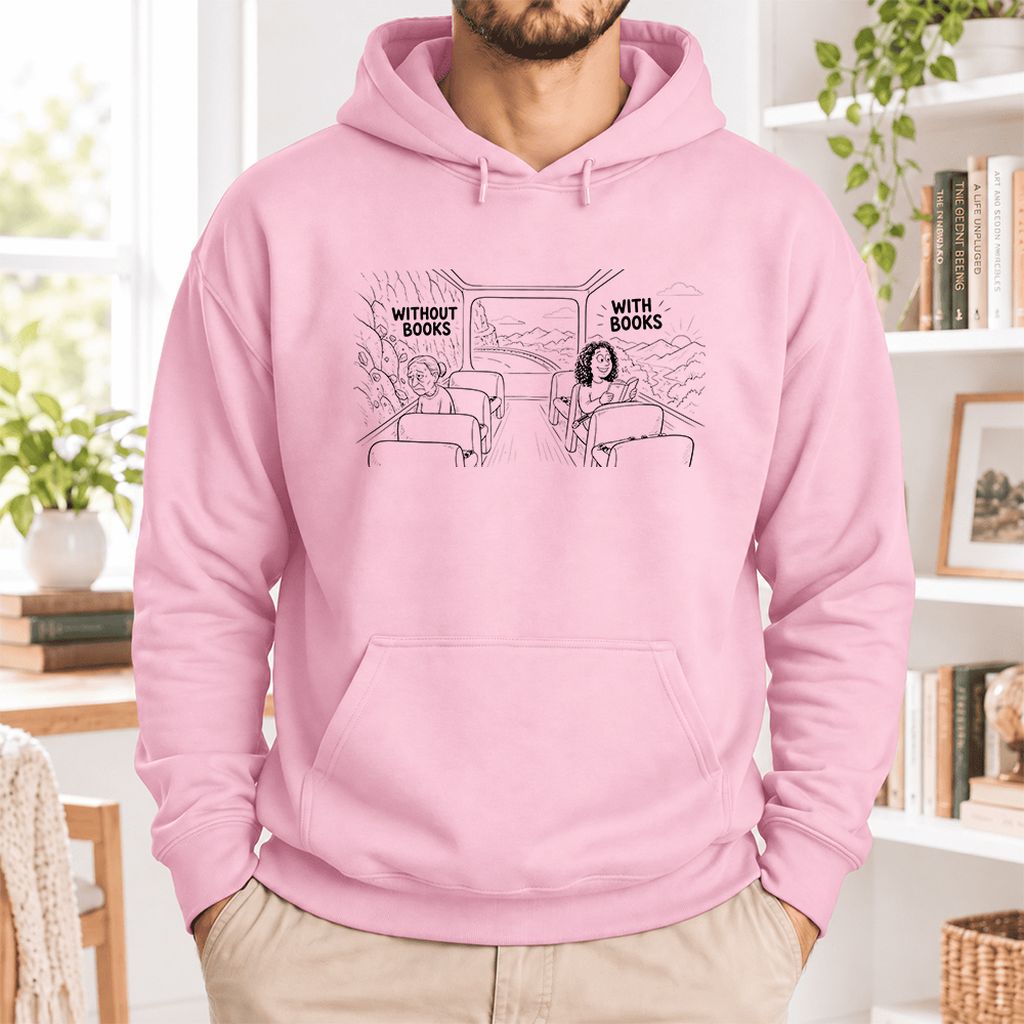 Without Books With Books Softstyle Hoodie | Reader Gift Light Pink
