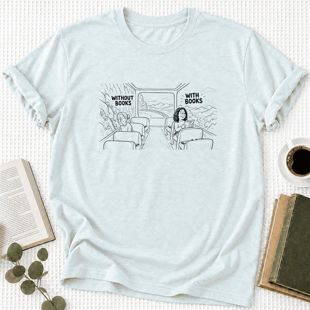 Without Books With Books Ultra-Soft Cotton T-Shirt | Reader Gift Heather Ice Blue