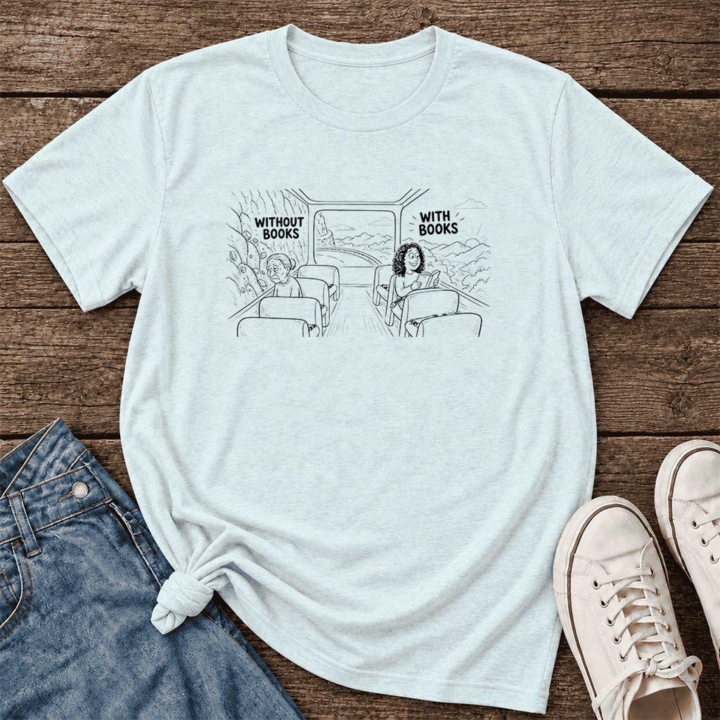 Without Books With Books Ultra-Soft Cotton T-Shirt | Reader Gift Heather Ice Blue