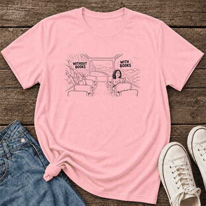 Without Books With Books Ultra-Soft Cotton T-Shirt | Reader Gift Pink