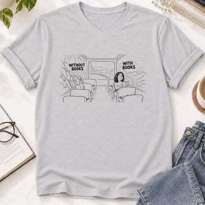 Without Books With Books Ultra-Soft V-Neck | Reader Gift Ash
