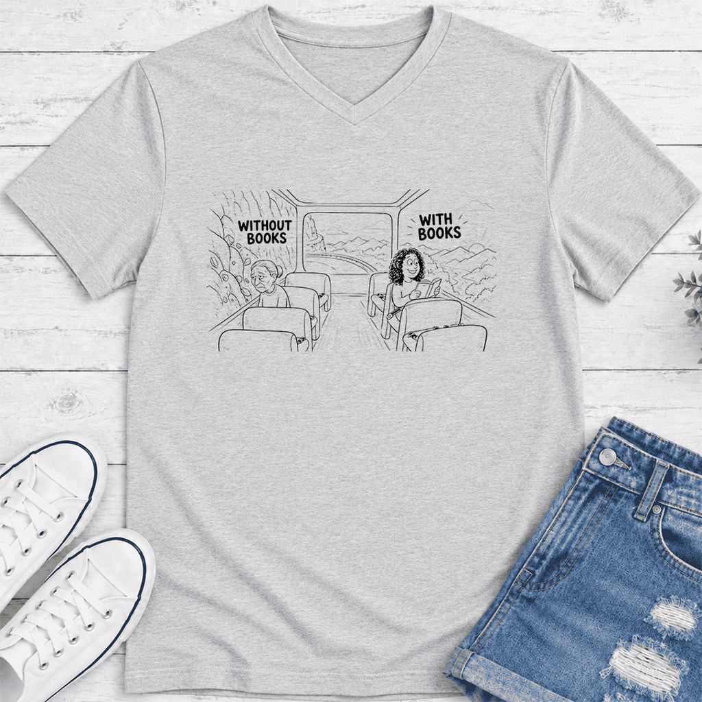 Without Books With Books Ultra-Soft V-Neck | Reader Gift Ash