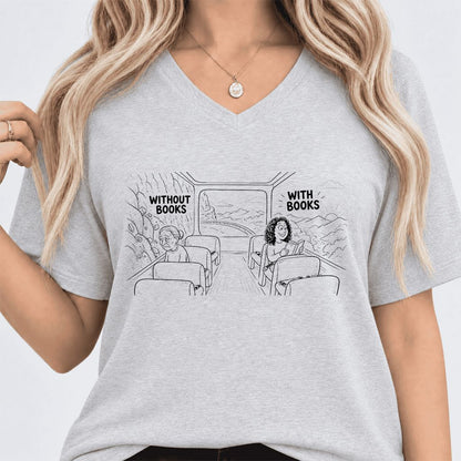 Without Books With Books Ultra-Soft V-Neck | Reader Gift Ash