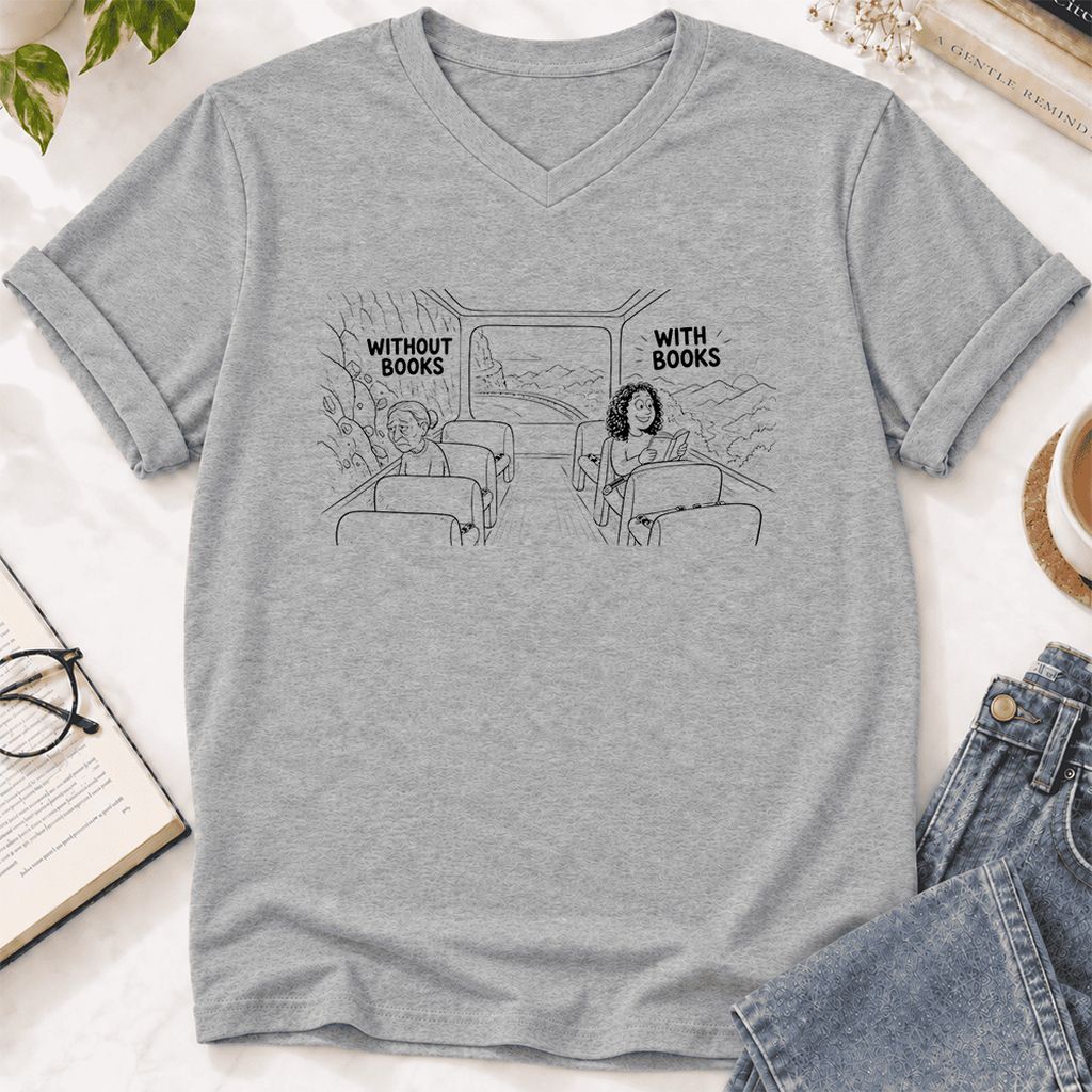 Without Books With Books Ultra-Soft V-Neck | Reader Gift Athletic Heather
