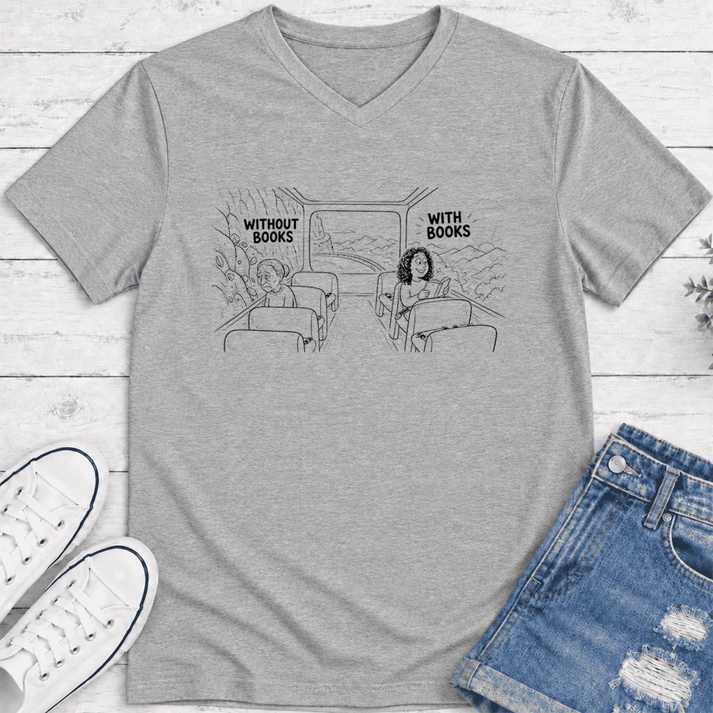 Without Books With Books Ultra-Soft V-Neck | Reader Gift Athletic Heather