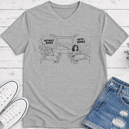Without Books With Books Ultra-Soft V-Neck | Reader Gift Athletic Heather