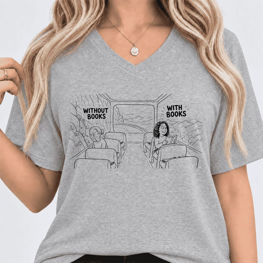 Without Books With Books Ultra-Soft V-Neck | Reader Gift Athletic Heather