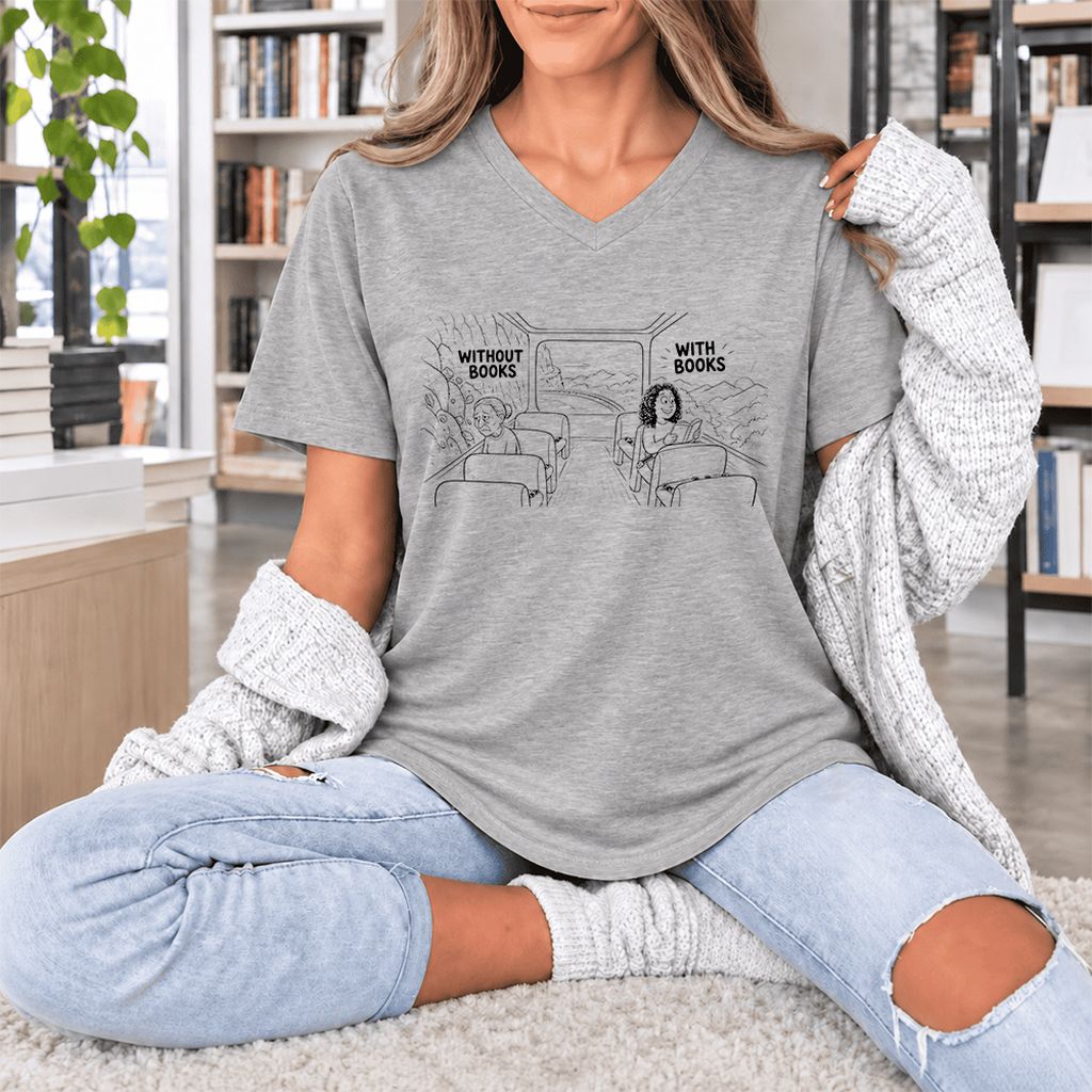 Without Books With Books Ultra-Soft V-Neck | Reader Gift Athletic Heather
