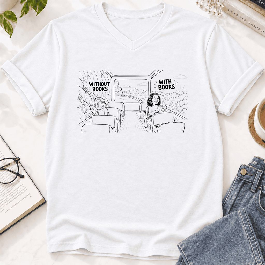 Without Books With Books Ultra-Soft V-Neck | Reader Gift White