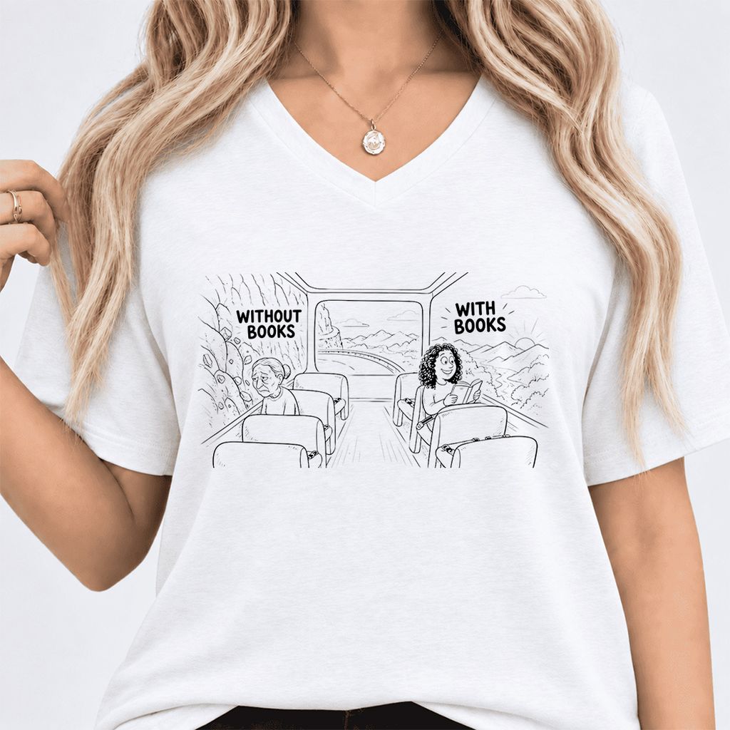 Without Books With Books Ultra-Soft V-Neck | Reader Gift White