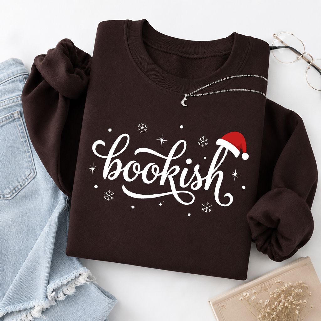 Snowy Bookish Printed Sweatshirt | Christmas Reader Gift Dark Chocolate