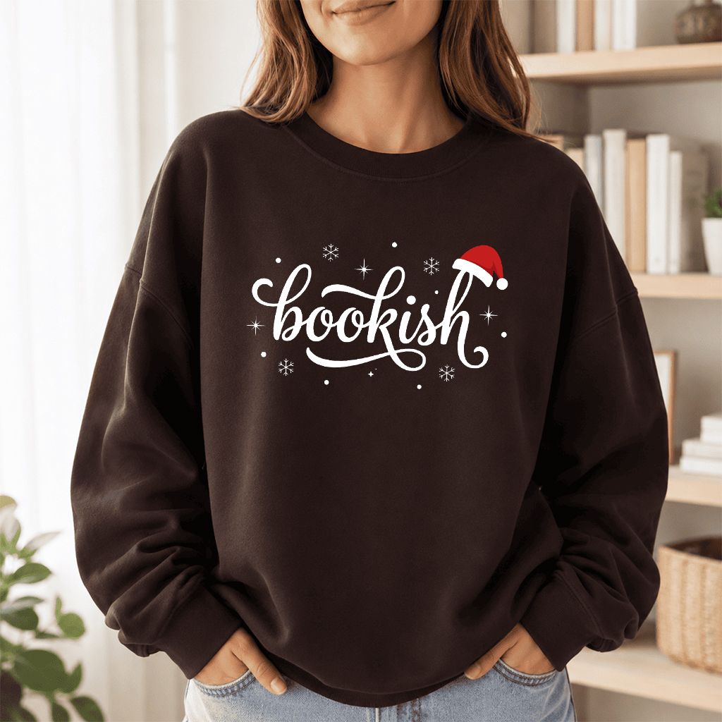Snowy Bookish Printed Sweatshirt | Christmas Reader Gift Dark Chocolate