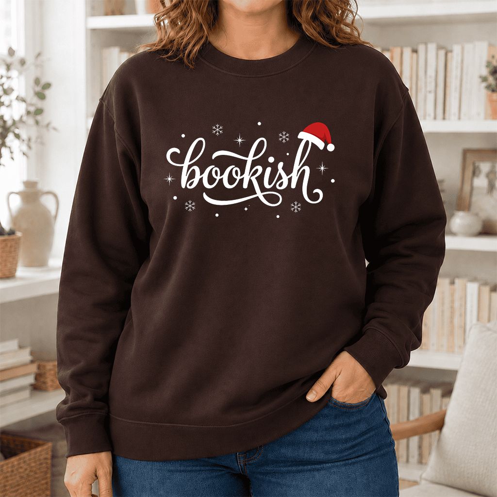 Snowy Bookish Printed Sweatshirt | Christmas Reader Gift Dark Chocolate