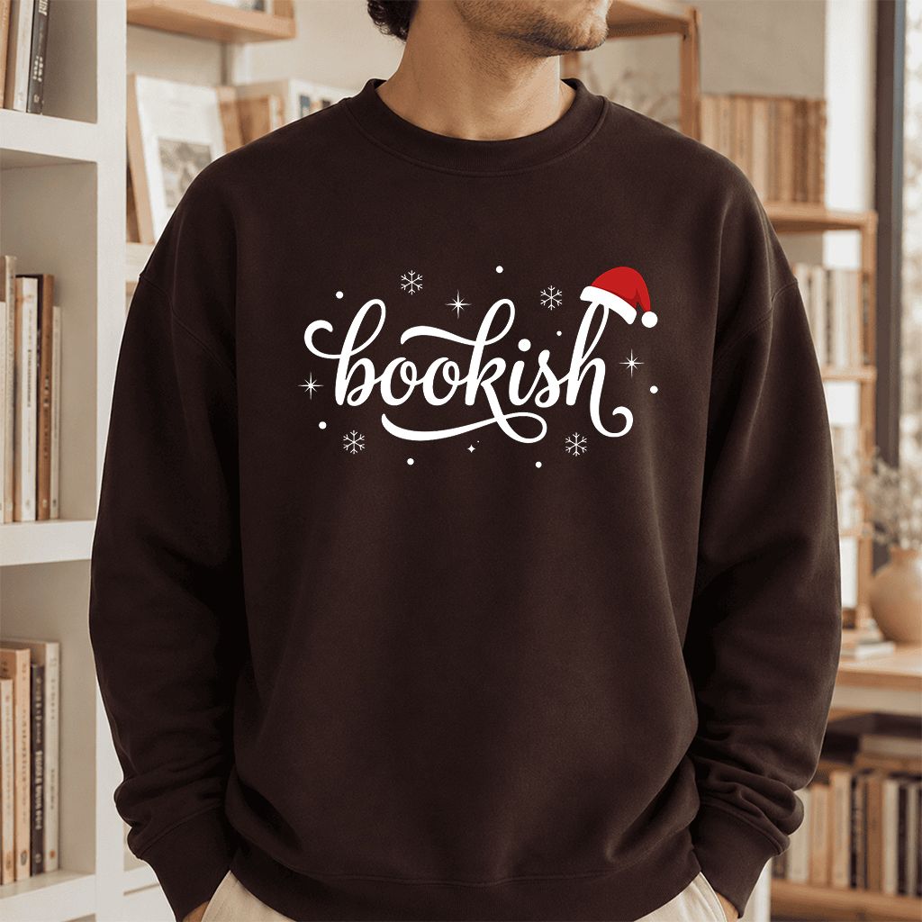Snowy Bookish Printed Sweatshirt | Christmas Reader Gift Dark Chocolate